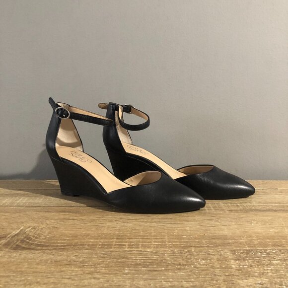 Franco Sarto Fayth Wedge Womens 7.5M Black Leather Ankle Strap Pointed Toe Pumps - Picture 1 of 11
